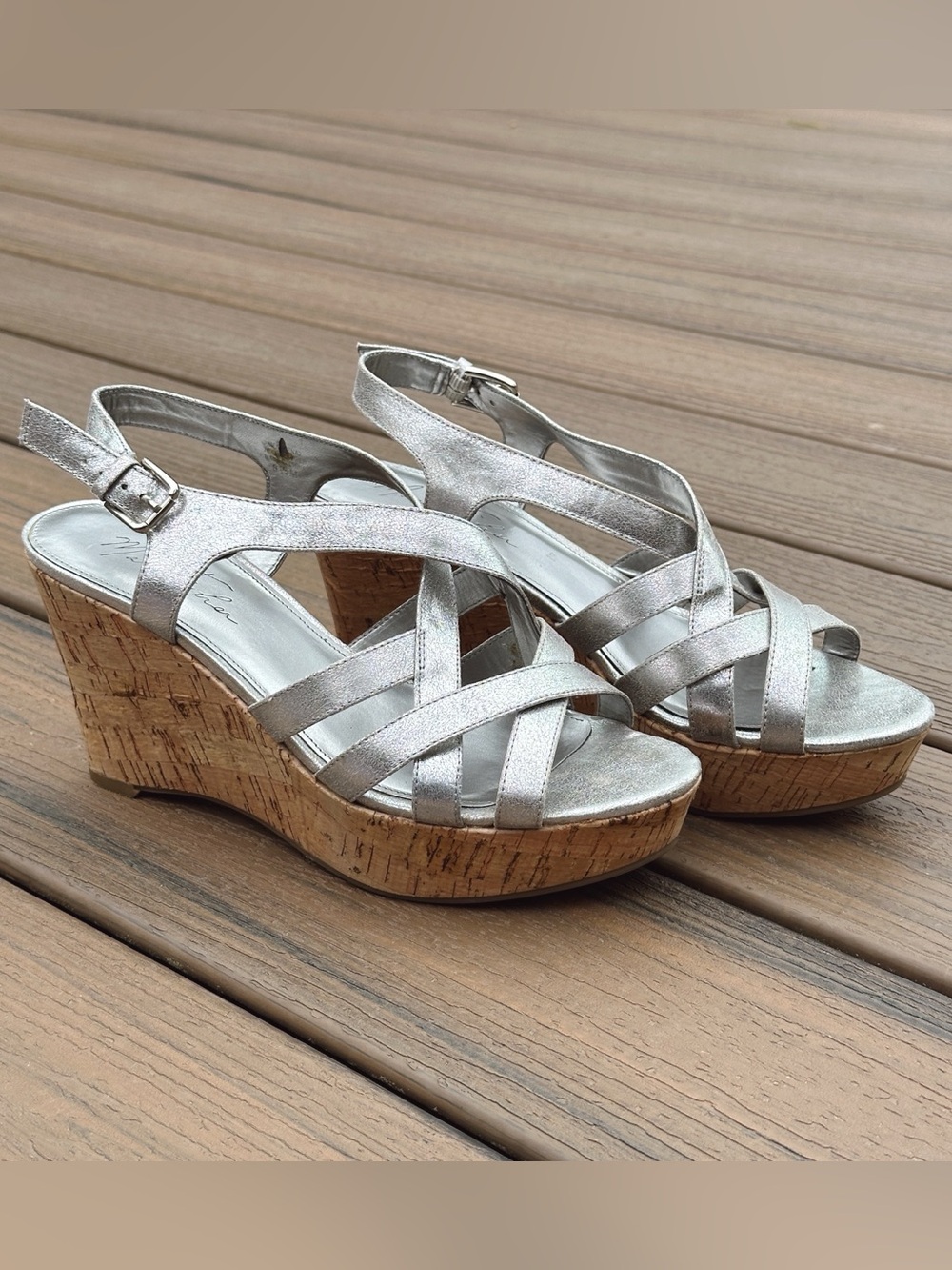 Marc Fisher Silver Cork Wedge Sandals Size 8.5M - Picture 3 of 10